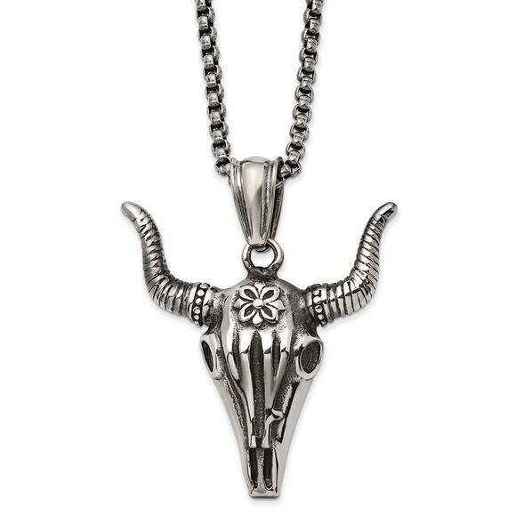 Men's Stainless Steel XL Antiqued Steer Skull Necklace, 24 Inch - Picture 1 of 4